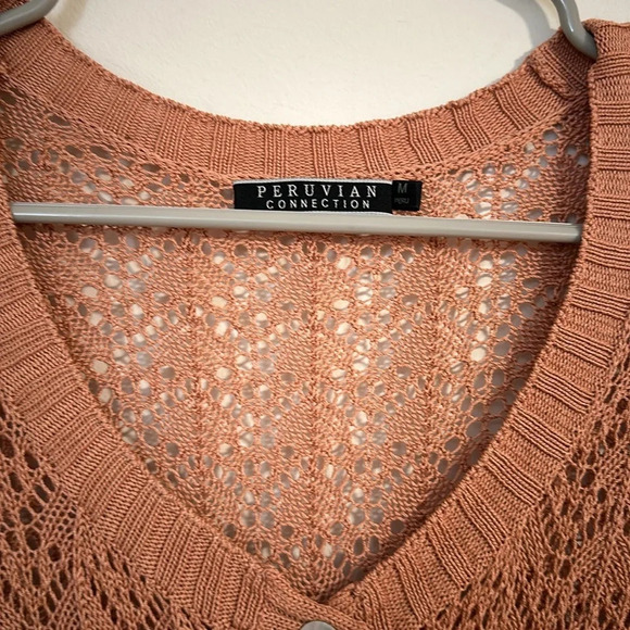 Peruvian Connection light dusty rose eyelet knit cardigan spring bday crochet - Picture 3 of 5